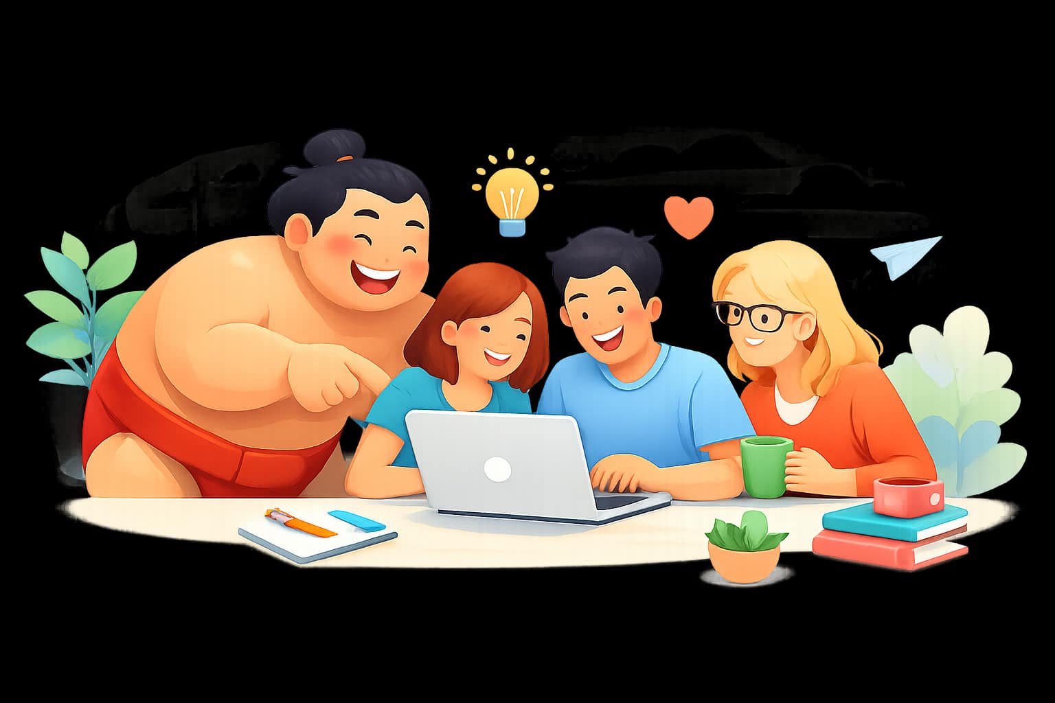 Mission Sumo mascot helping a happy nonprofit team around a laptop