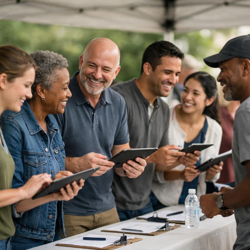 Event registration help desk staff assisting a guest