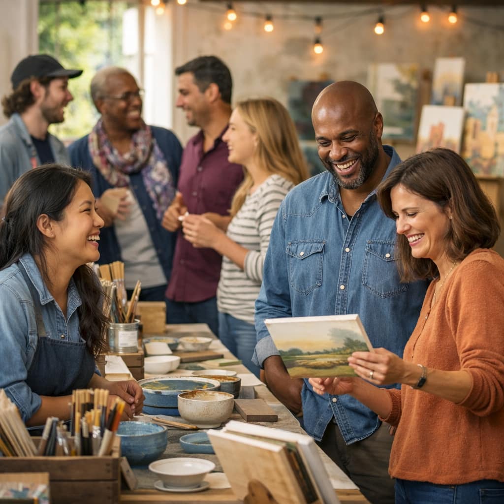 Community event check-in with smiling volunteers